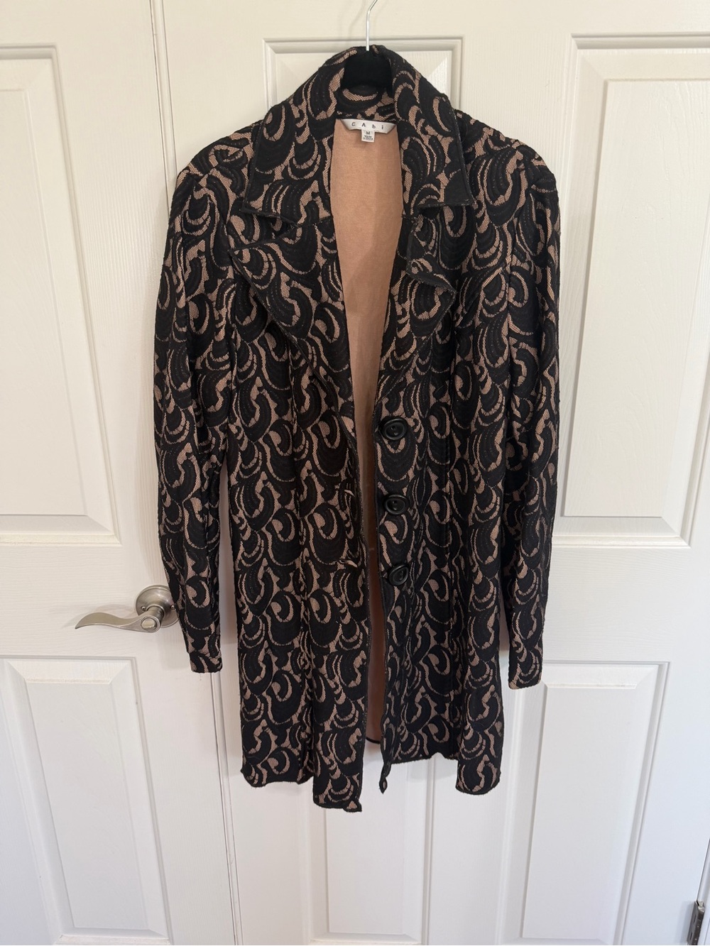 CAbi Arabesque Long Lace Jacket Black and Beige
